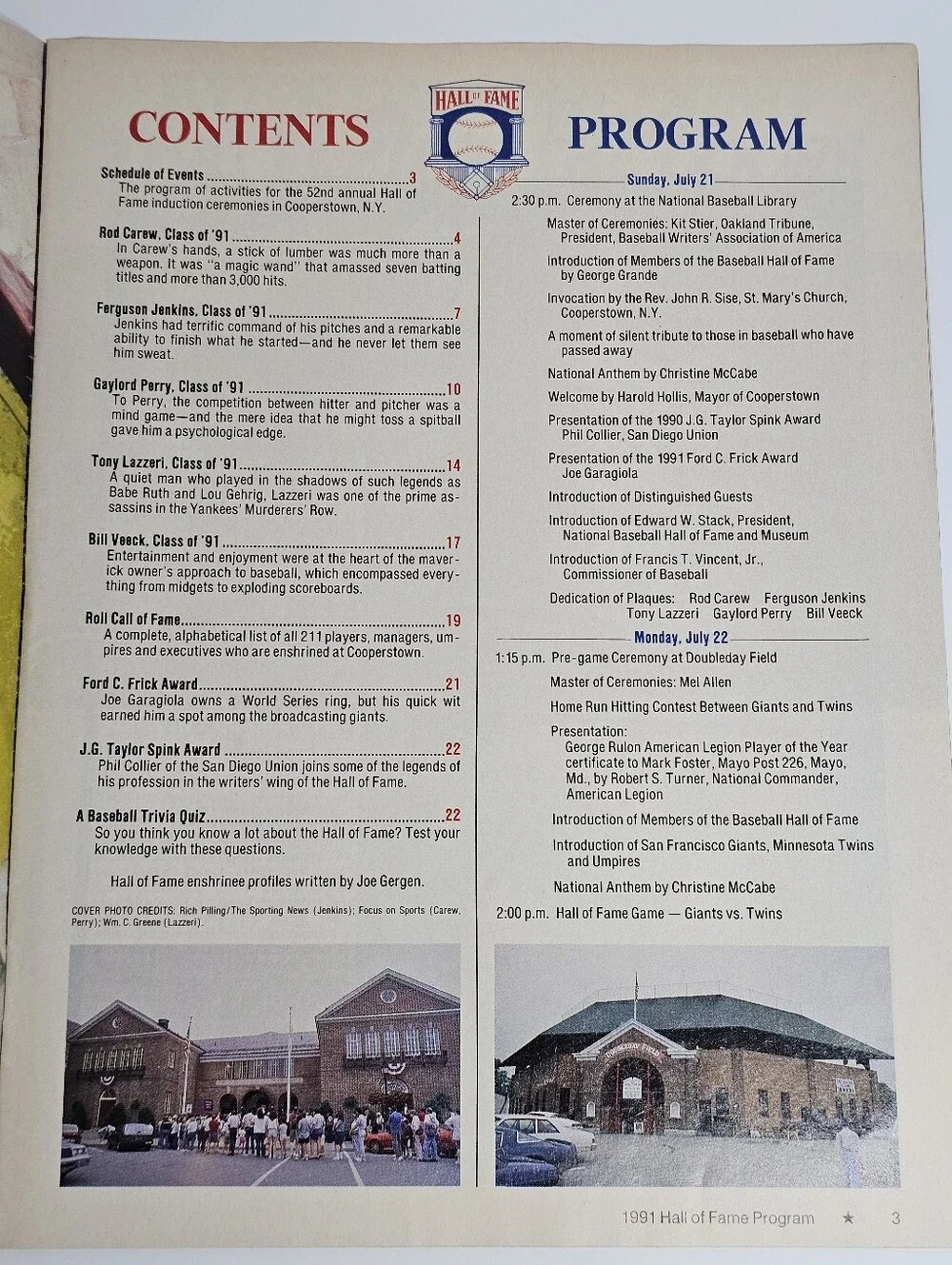 1991 Baseball Hall of Fame Program Rod Carew Fergie Jenkins Gaylord Perry NYY